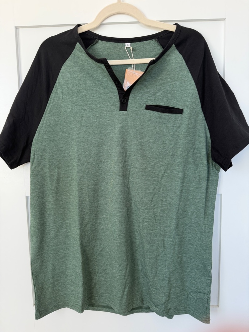 Men's Green Raglan Short-Sleeve Henley Tee with Black Sleeves